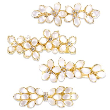 4Pcs Opal Flower Hair Barrettes Classy Mother-of-Pearl Styles Petals Rhinestone Barrettes 4 Styles French Crystal Hair Jewelry Sparkly Handmade Hair Clips for Women Girls Bride Bridesmaid Thick Hair