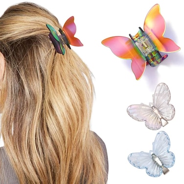 Fashey Butterfly Hair Claw Clips Acrylic Hair Claws Nonslip Claw Clips Strong Hold Hair Jaw Clips Hair Accessories for Women and Girls(Pack of 3) (A)