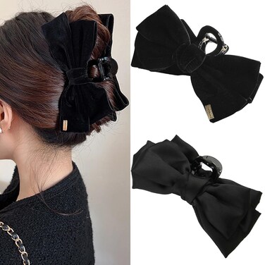 Black Bow Hair Clips for Women Girls 2Pcs Velvet Silky Satin Bow Claw Clip for Long Curly Thick Thin Hair Strong Hold Bowknot Hair Barrettes Claw Jaw Nonslip Hair Catch Clamps Large Hair Accessories