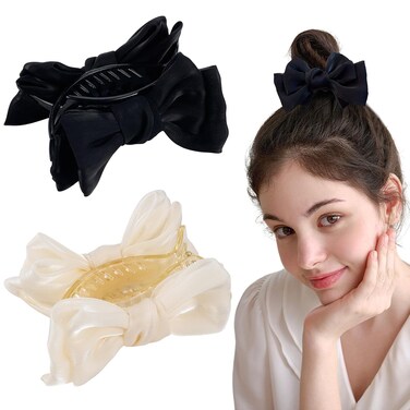 2Pcs Modern Retro Bow Hair Clips for Women Girls, Black White, Claw Clip, 1 Count (Pack of 2), Female, All Hair Types, Fabric, Wedding Birthday Halloween Christmas