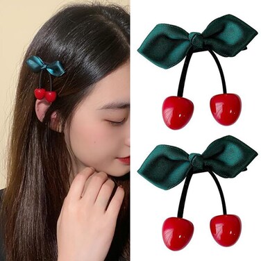 Cherry Hair Clip for Women Girls Kids 2Pcs Cute Red Cherry Hair Pins Nonslip Satin Bow Hair Barrette Snap Sweet Metal Alligator Clips for Long Thick Hair Trendy Lovely Cherry Hair Accessories