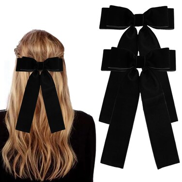 Zkptops 2Pcs Black Velvet Ribbon Bow Hair Clips for Women Girls Teens Toddlers Large Tassel Big Bowknot Cute Non Slip Long Ponytail Holder Thick Thin Curly Fine Hair Soft Hair Barrettes Accessory