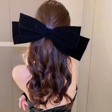 Velvet Bow Hair Clips for Women Girls Black Bowknot Spring Hair Clips for Thick Hair Oversize French Bow Ponytail Holder Nonslip Metal Hair Barrette Snap Hairpins Extra Large Hair Accessories