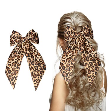 Hair Bows for Women, Leopard Satin Bows Big Leopard Bow Hair Clips with Long Tail Leopard Hair Accessories for Women and Girls Ponytail Hair