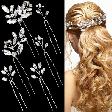 6 PCS Silver Bridal Hair Pins, Rhinestones Hair Accessories Crystal Wedding U-shape Hairpins Hair Jewelry for Bride Women Girls Bridesmaids