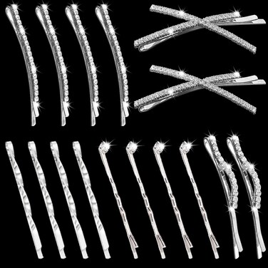 16 Pieces Silver Rhinestone Bobby Pins Set Delicate Decorative Fancy Crystal Hair Clips Shiny Fancy Metal Barrettes, I S X Shaped Diamond Hair Accessories for Women Ladies Girls Wedding Prom Party