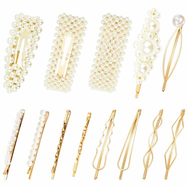 13 Pcs Pearl Minimalist Hair Clips Geometric Metal Hair Pin, Hair Barrettes for Women Girls Fashion Hair Accessories (Gold)