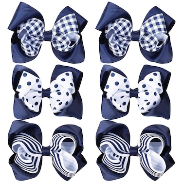 Whaline Hair Bow Clips, 6Pcs Back to School Uniform Hair Accessories, Navy Blue Plaid Stripe Dot Grosgrain Ribbon Alligator Clips, 3 Styles