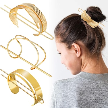 3 Pieces Gold Hair Accessory Set: Feather X-Shaped Bun Clip, Stick and Round Top