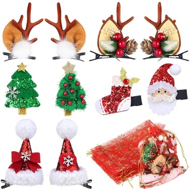 18 Pieces Christmas Hair Clips Christmas Organza Bags Set Hair Accessories Xmas Small Gifts Hairpins Jewelry Candy Gift Bags Mini Drawstring Bags for Women Girls Winter Wedding Christmas Party