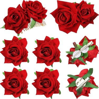 6 Pcs Rose Hair Clip Flower Hairpin Rose Hair Clip Comb Flower Hairpin Rose Brooch Floral Clips Mexican Rose Hair Accessories for Women Wedding Party Mother's Day(Red)