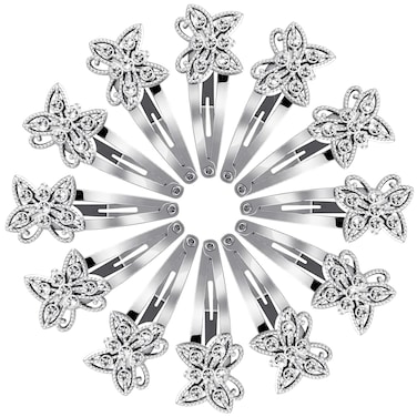 Jexine 12 Pieces Hair Clips, Silver Butterfly Rhinestone Barrettes for Women, Hair Snaps for Girls, Shining Hair Barrette Hairpins Hair Accessories for Wedding