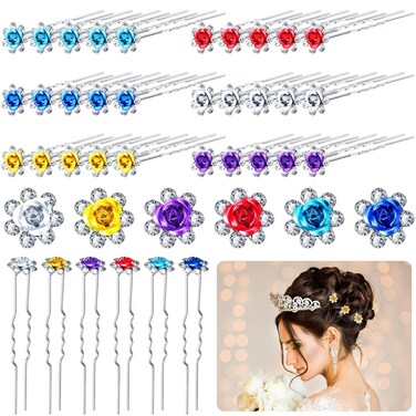 30 Piece Rhinestone Wedding Hair Pins Rose Flower Crystal U Shaped Hair Clips Bobby Pins for Birthdays Homecoming Dance Party Women tresses Jewelry Accessories