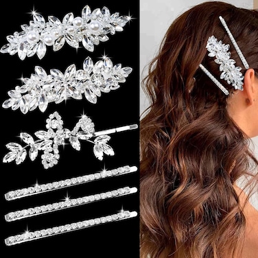 6 Pieces Rhinestone Bridal Hair Clips Leaf Wedding Hair Pins Crystal Bobby Pins Silver Hairpin Jewelry Barrette for Brides Bridesmaids Flower Girls