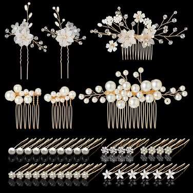 40 Pieces Bridal Hair Accessories: Gold White Flower Clips, U-Shaped Pearl Crystal Rhinestone Pins, Rose Glitter Headpiece for Women and Girls