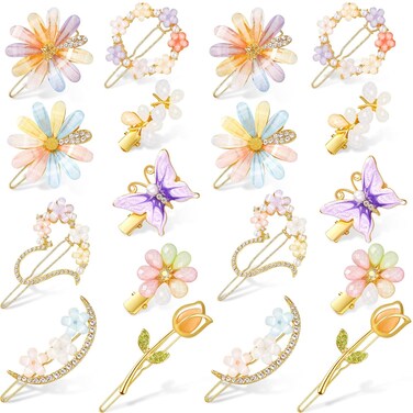 18 Pcs Rhinestone Butterfly Hair Clips Decorative Bobby Pins Crystal Flower Handmade Metal Barrettes for Women Gold Prom Hair Accessories Glitter Styling Pins for women Wedding Jewelry