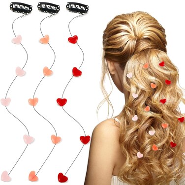 Youyole 3 Pcs Heart Hair Extensions Acrylic Love Heart Bead Streamline Decorative Hair Clip DIY Cute Tousle Accessories Invisible Tousle Side Comb for Women Girls Light Pink Rose Red Bright Red