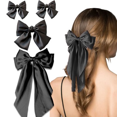4 Pieces Satin Hair Bows Soft Ribbon Clips Hair Barrettes for Women Girls, Long Ribbon Bows Large Bow Hair Slides Silky Bowknot with long Tail French Style Hair Accessories (Black)