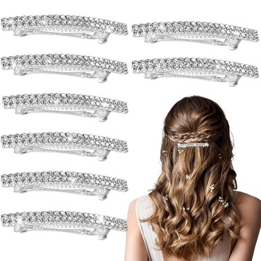 8 Pieces Rhinestone Hair Barrettes Two Row Rhinestone Bling Silver Grip Clips Metal Spring Rhinestone Pin Hair Jewelry Accessories Crystal Clips for Women