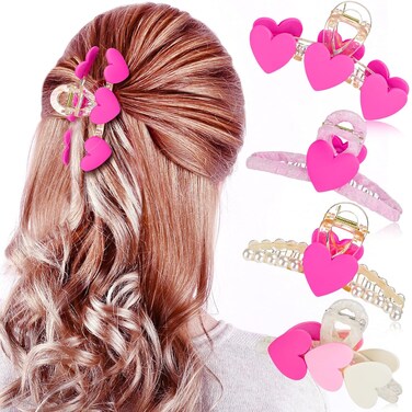 4 Pcs Valentine's Day Heart Hair Claw Clips for Women Hot Pink Strong Hold Hair Jaw Clip Pearl Heart Hairpins Sweet Lovely Heart Hair Barrettes Hair Styling Accessory Party Gifts for Thick Hair