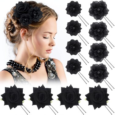 12 Pcs Rose Hair Clips for Women, Girls - Large, Medium, Small Elegant Bridal Hair Pins, Accessories for Wedding, Dance (Black)