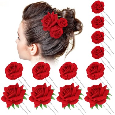 BBTO 12 Pcs Rose Hair Clip Mexican Accessories for Flamenco Dancer Women Mexican Flowers Bridal Flower Hair Pins Clips for Wedding Dance Birthday Bridesmaid(Large, Medium, Small,Red)