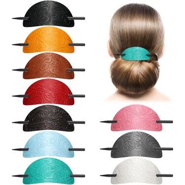 Faux Leather Hair Accessories - Stick Barrette, Oval Hair Clips, Ponytail Holders, Hair Ties, and Hair Slides for Women and Girls (Vivid Style, 10 Pieces)