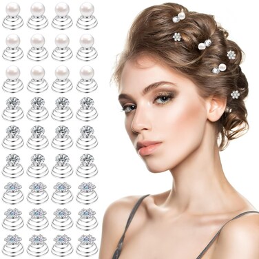 36 Pieces Spiral Hair Pins Gems for Hair Rhinestone Pearl Pin for Wedding Crystal Twister with Silver Coil Jewelry Clip for Wedding Bridal Prom Party