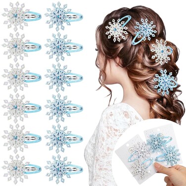 Misdary 12 Pcs Snowflake Hair Clips Blue White Winter Hair Accessories Winter Rhinestone Hairpin Glitter Snowflake Barrettes for Women Holiday Accessories Party Gifts