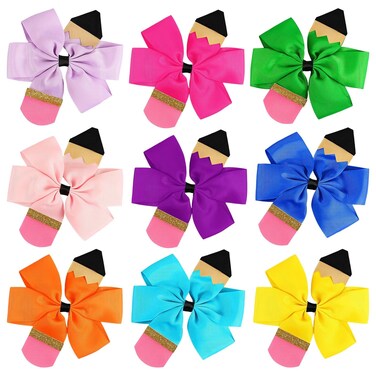 Tigeen 9 Pcs Pencil Girls Hair Bow 4.9 Inch Back to School Hair Bow Ponytail Holder Hair Clips School Bow Alligator Clip Grosgrain Ribbon for Babies Toddler Teen Gift Kindergarten, 9 Colors
