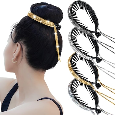 4 Pack Glitter Rhinestone Ponytail Hair Holders - Nest Barrettes, Bun Clips and Rhinestone Hair Accessories for Bridal Wedding Party
