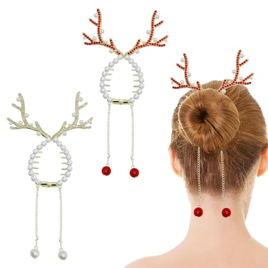 2Pcs Christmas Hair Accessories, Christmas Reindeer Ponytail Bun Holder Claw Clips Supplies, Xmas Hair Accessories for Women, Winter Hair Clip with Rhinestone Pearl Design Metal Hair Clips for Women