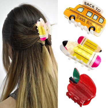 3 Pcs Pencil School Bus and Apple Hair Claw Clips Back to School Teacher Clips Cute Jaw Barrettes for Women Teachers Appreciation Gift Thick and Thin Hair Accessories