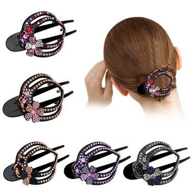 JOYFISCO 5PCS Ponytail Hair Clips Heart Shaped Duckbill Hair Clips with Flower Rhinestone Sparkly Diamond Long Hair Clips Prom Hair Accessories Gifts for Women Girls