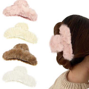 4pcs Fuzzy Hair Clips for Winter, Faux Fur Hair Clips Fuzzy Claw Clips for Hair, Large Non-slip Fur Hair Clips for Thick Thin Hair, Fluffy Claw Clip Hair Barrettes Hair Accessories for Women Girls