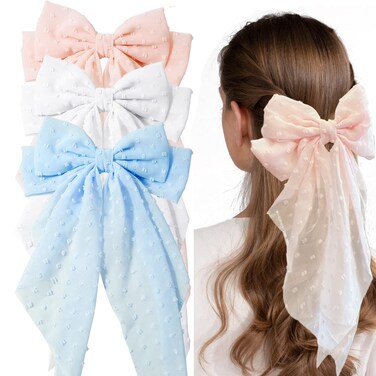 3 Pieces Large Hair Bows with Long Tail for Women and Girls - Big Plain Color Bowknot Barrettes in Bright Colors
