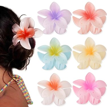 6Pack Plumeria Flower Hair Clips for Women - Gradient Big Flower Acrylic Hair Clip Sweet Hairpins Hair Clips Crab Clamps Barrettes Hawaiian Non-Slip Fashion Beach Hair Accessories