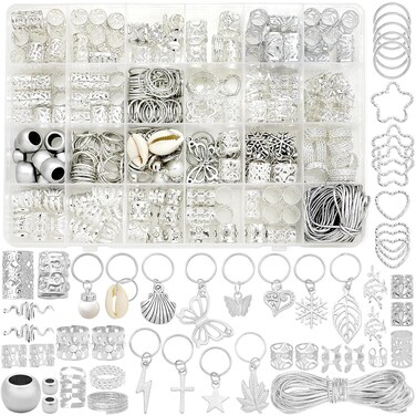Fscwlmon 309Pcs Hair Jewelry for Women Braids,Hair Loc Cuff Coils Rings for Dreadlock Accessories,Locs Hair Tube Beads Decorations,Braid Clips Hair Charms Braids Accessories Silver