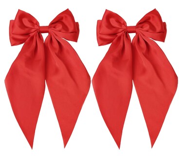Furling Pompoms Hair Bows for Women - Pack of 2 Red Hair Bow Clips for Girls Satin Big Bows Long Tail Alligator Clip Ribbon Hair Barrette Hair Accessories for Bridal Bachelorette Party