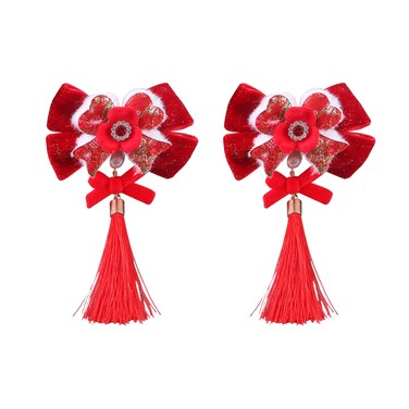 AEGYPIUS Hair Clip, 1 Pair Baby Girls Chinese Style Hair Clips New Year Hairy Furry Balls Barrettes Tassels Qipao Hair Pins with Bows Lantern Butterfly Decor for Christmas Spring Festival, Red