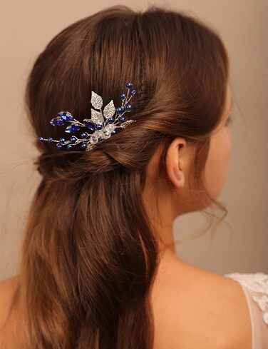 YERTTER Wedding Crystal Leaf Bridal Hair Comb Clip Pearl Wedding Hair Accessories for Bride Bridesmaid Flower Girls (Blue)