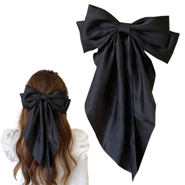 TULOBI Big Bow Barrettes Long Tail French Hair Bow Silky Satin Metal Hair Clip Hair Bowknot Clips Accessories for Women Girls (Black 1pc)