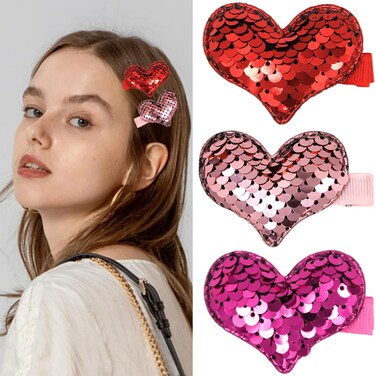 3PCS Valentine Sequins Heart Hair Clips for Toddler Girls Glitter Barrettes Red Pink Rose Red Hair Pins Hair Accessories for Women Girls Heart Claw Clips for Valentines Party Decorations