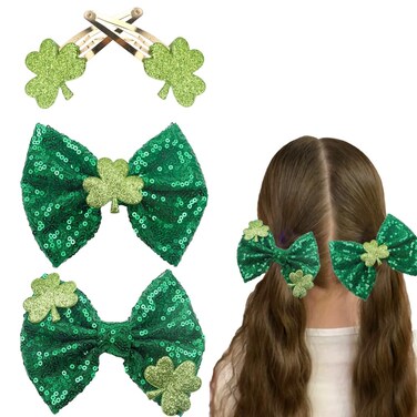 4 Pcs St Patrick&rsquo;s Day Hair Bow Clips Glitter Shamrock Hair Accessories Sparkle Green Hair Bows With Shamrocks Alligator Clips for Women Girls Green Clover Hairpins Party Favors