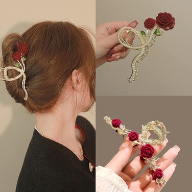 2PCS Metal Velvet Rose Hair Clips Non-Slip Flower Pearl Hairpin Decorations Thick Long Hair Jaw Clips Hair Accessories for Women and Girls