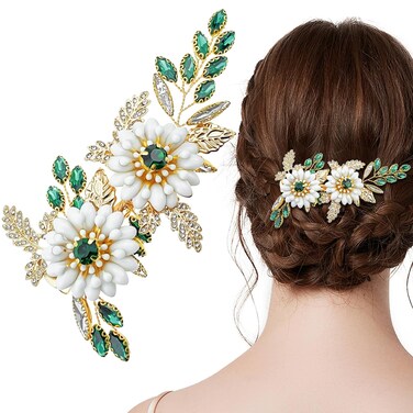 Green Crystal Bride Wedding Hair Clip Flower Gold Leaf Hair Pin Rhinestone Headpiece Jewelry Wedding Hair Accessories for Women Girls