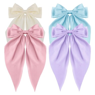 Women's Hair Accessories - 4Pcs Oversized Satin Long Tail Bowknot Hair Clips with Metal Barrettes in Beige, Pink, Blue, Purple