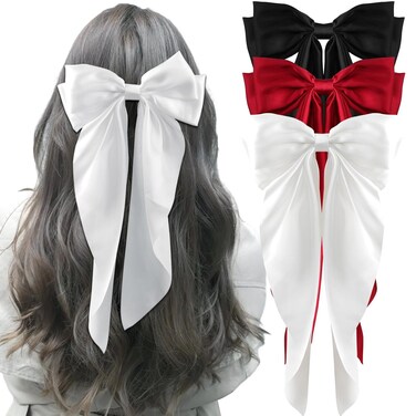 3pcs Hair Bows for Woman Cute Hair Accessories Silky Satin Barrettes Ponytail Holder Bow Hair Clips Hair Ribbon Tassel with Long Tail Hair Ribbons for Woman Girls