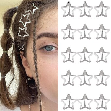 Star Hair Clips 2000s Y2K Snap Hair Barrettes Non Slip Star Hair Accessories Silver Metal Hair Clips for Girls Women -15 PCS 1.18
