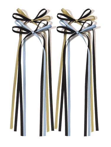 LFOUVRE Hair Bow Clips, 4pcs - Hair Bows for Women with Long Tassel, Ribbon Bow Clips for Girls, Blue Hair Accessories - Clip